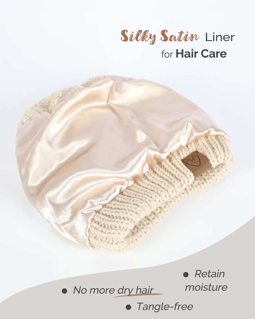 7190 Satin Lined Beanie Hat Silk Lined Winter Hat for Curly Hair Ponytail - Picture 2 of 7